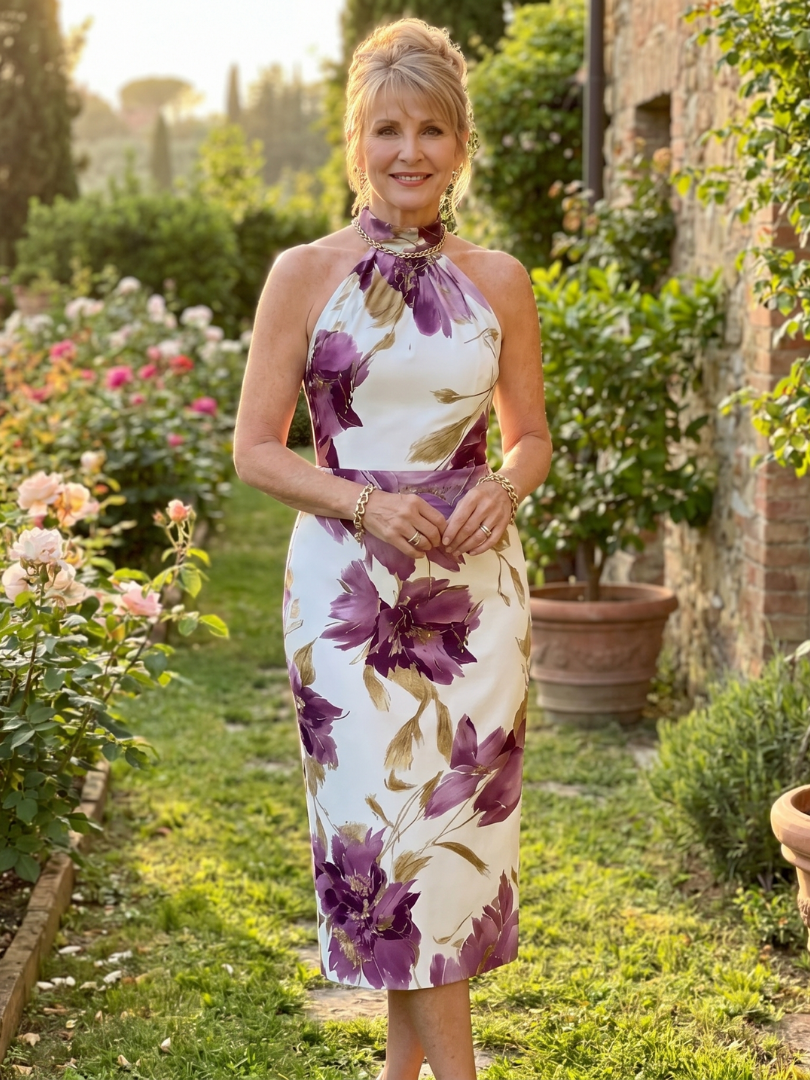 Zinnara | Floral Print Midi Dress with Halter Neck