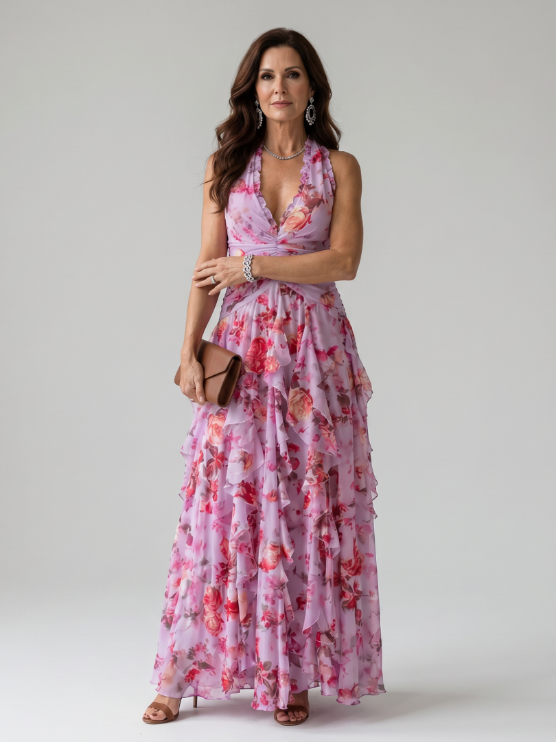Nori | Floral Maxi Dress with Halter Neck and Ruched Bodice