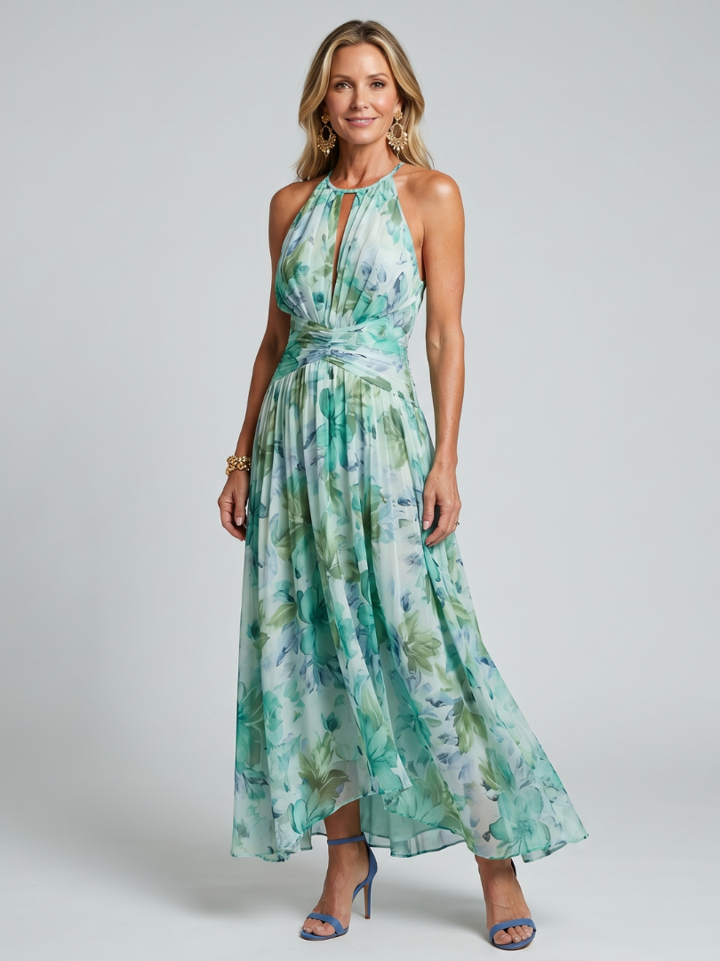Portia | Floral Print Pleated Halter Midi Dress