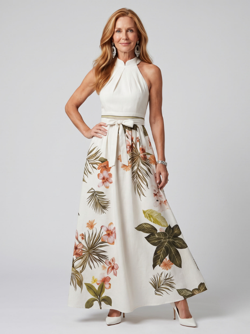 Meadow | Flowing Halter Maxi Dress with Botanical Print
