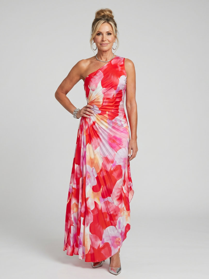 Taya | Asymmetrical Pleated Midi Dress with One Shoulder Design