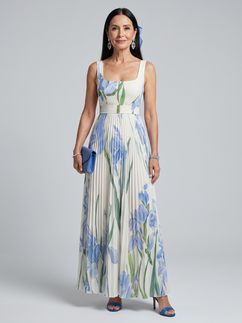 Ophelia | Floral Print Midi Dress with Sleeveless Square Neck