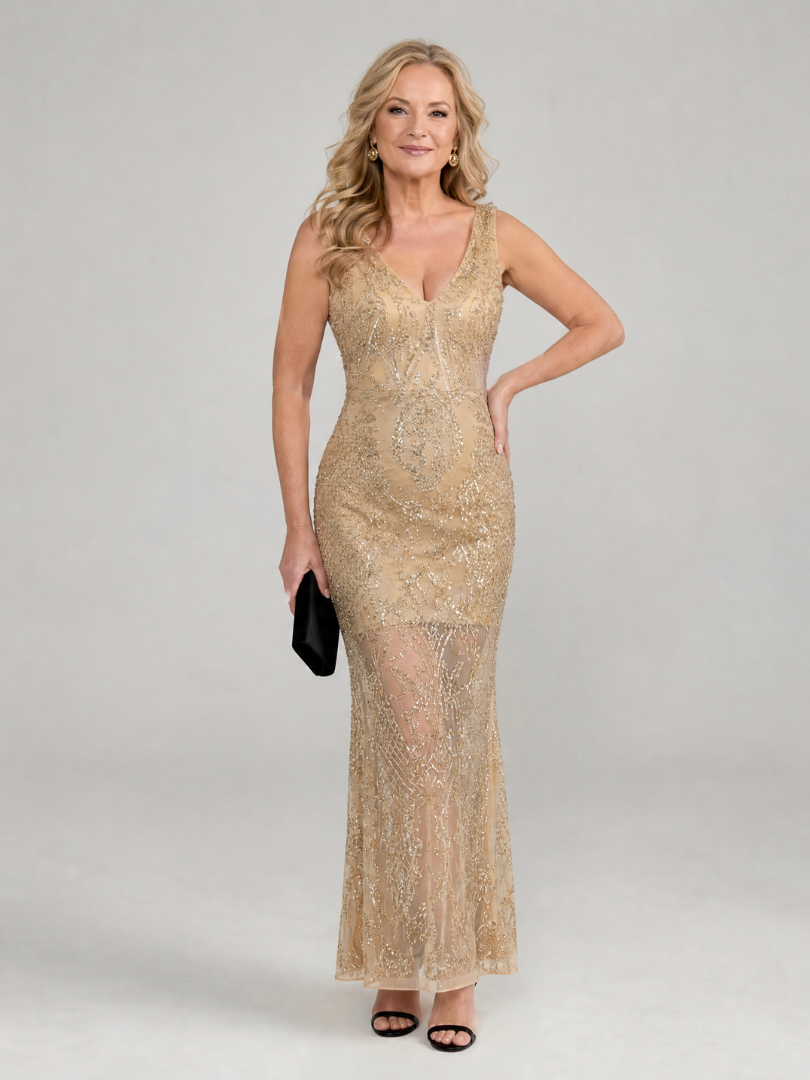 Sirea | Sleeveless Midi Dress with Sheer Panels and Sequin Detail