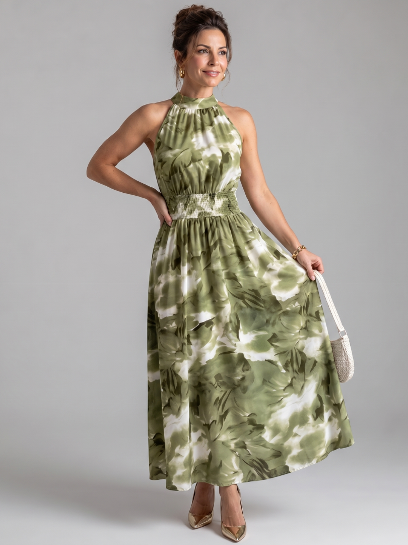 Olivia | Abstract Print Midi Dress with Gathered Waist
