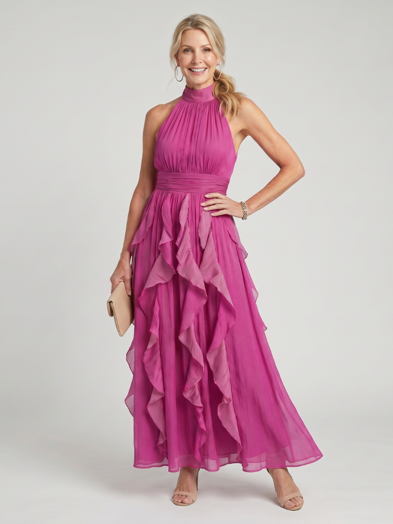 Orea | Maxi Dress with High Neck and Gathered Ruffle Layers