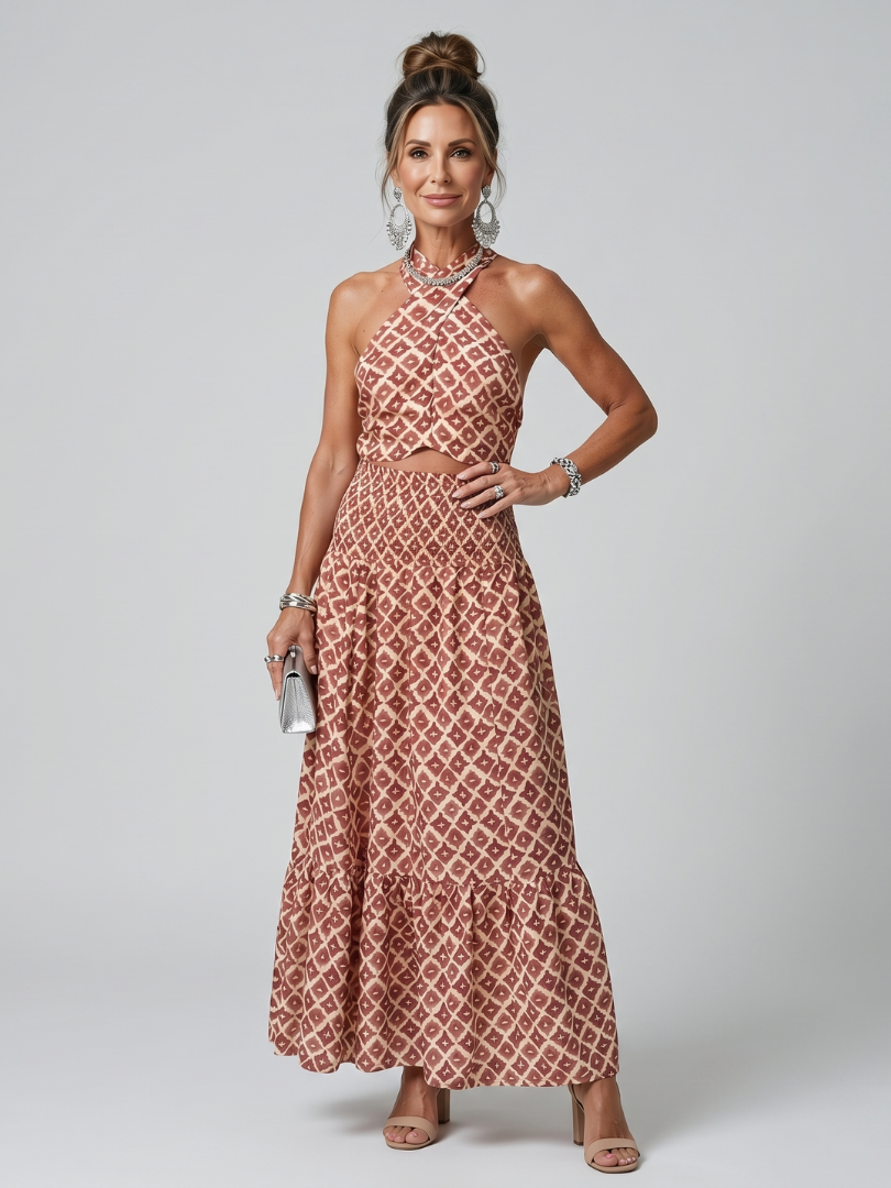 Amira | Geometric Print Cutout Midi Dress with Cross Halter Design