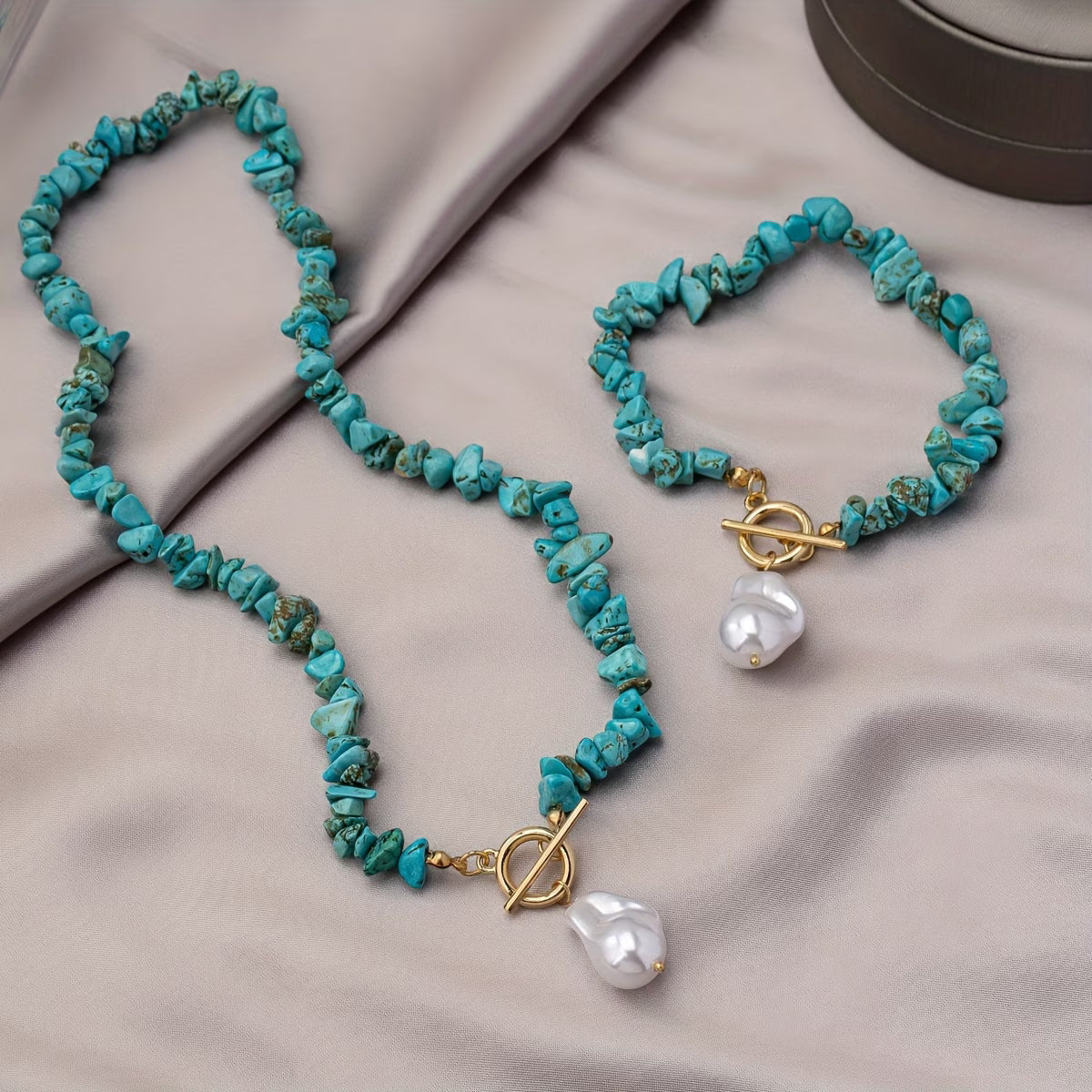 TURQUELLE | Turquoise and Pearl Necklace & Bracelet Set