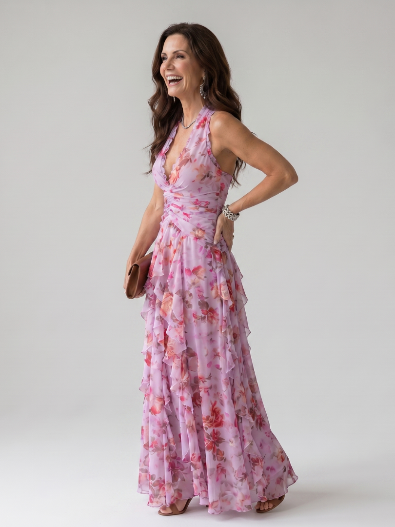 Nori | Floral Maxi Dress with Halter Neck and Ruched Bodice