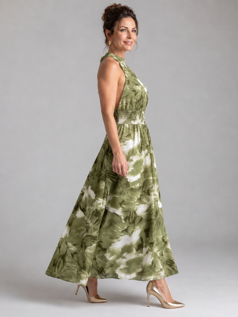 Olivia | Abstract Print Midi Dress with Gathered Waist