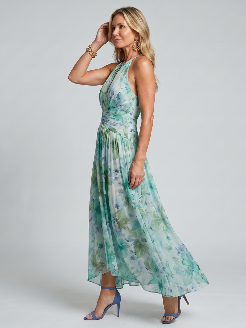Portia | Floral Print Pleated Halter Midi Dress