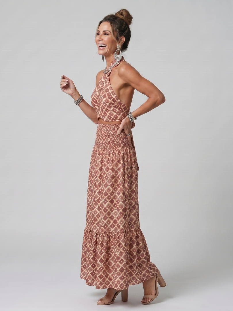 Amira | Geometric Print Cutout Midi Dress with Cross Halter Design