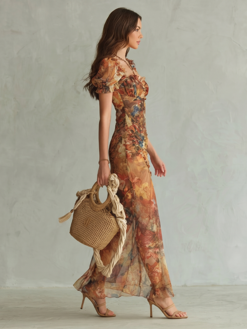 Ciel | Midi Dress with Ruffled Sleeves and Ruched Slit