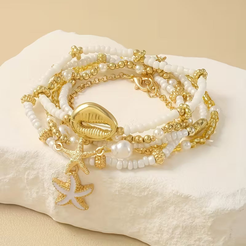 CORALIA | Set of 6 Coastal Gold & Pearl Bracelets