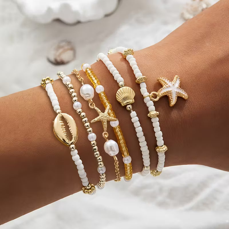 CORALIA | Set of 6 Coastal Gold & Pearl Bracelets
