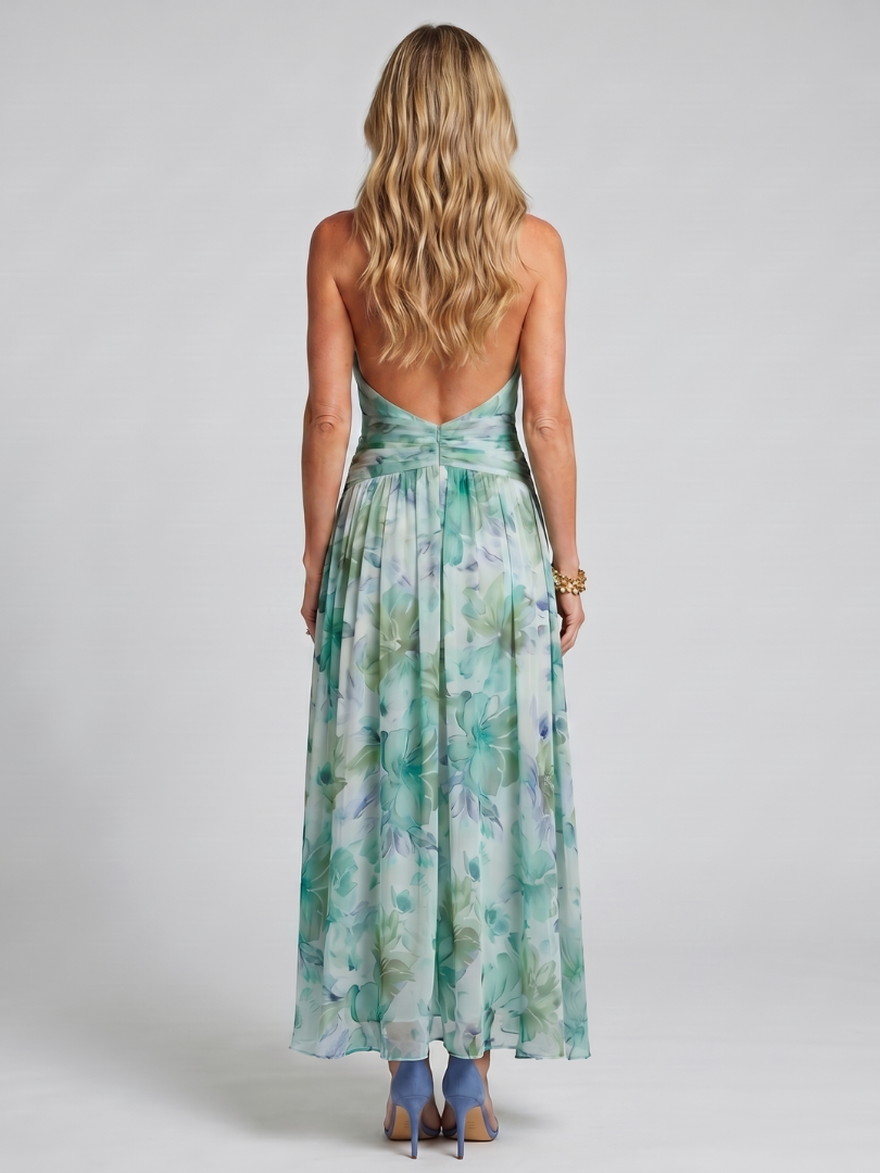 Portia | Floral Print Pleated Halter Midi Dress