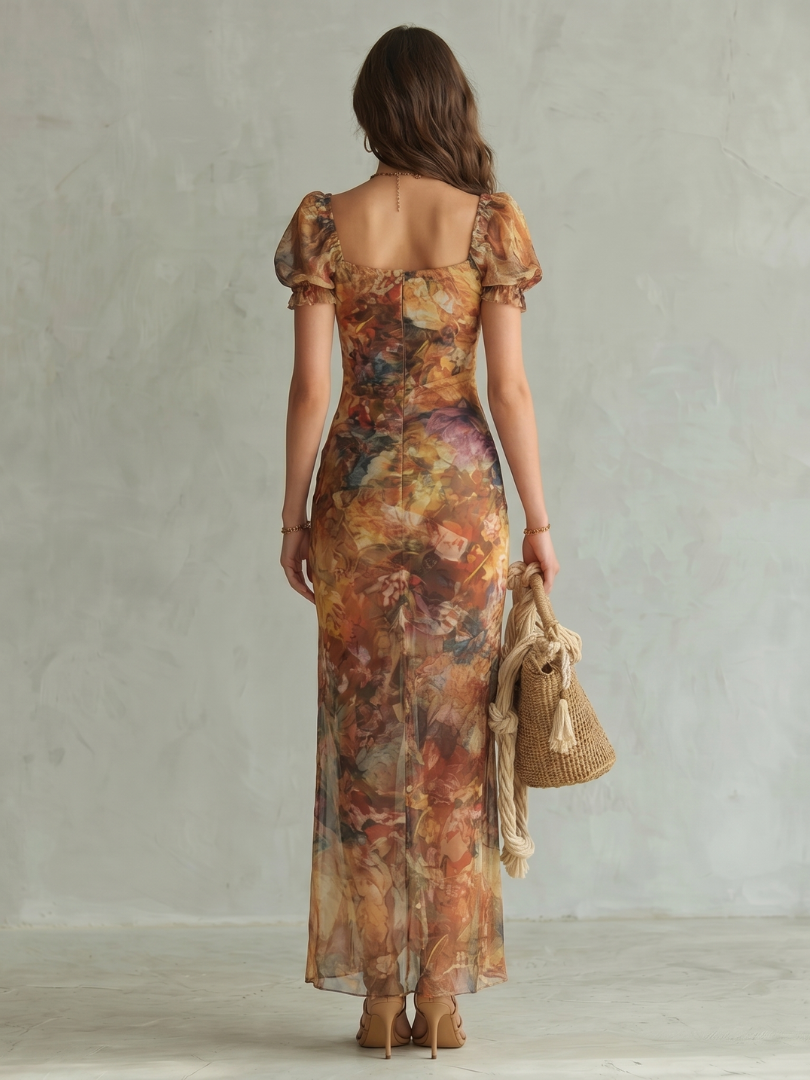 Ciel | Midi Dress with Ruffled Sleeves and Ruched Slit