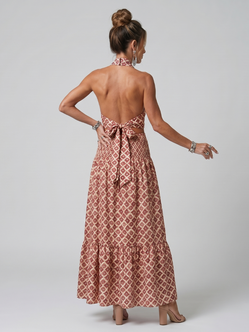 Amira | Geometric Print Cutout Midi Dress with Cross Halter Design
