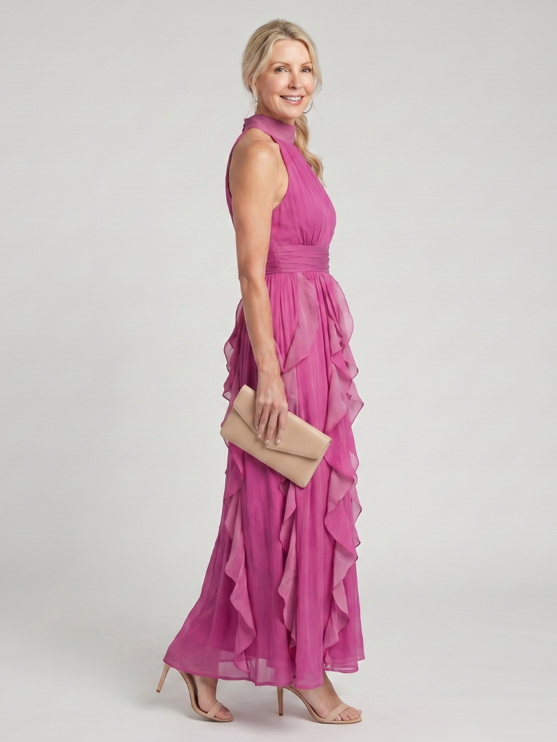 Orea | Maxi Dress with High Neck and Gathered Ruffle Layers