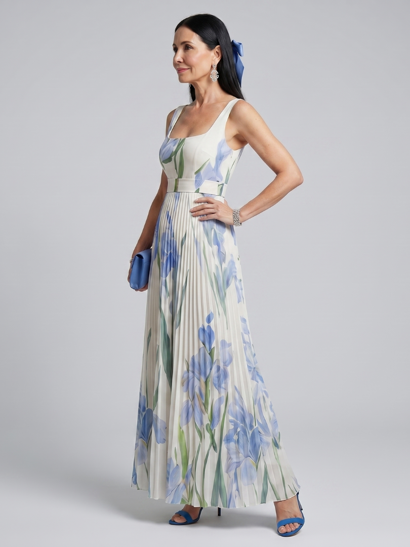 Ophelia | Floral Print Midi Dress with Sleeveless Square Neck