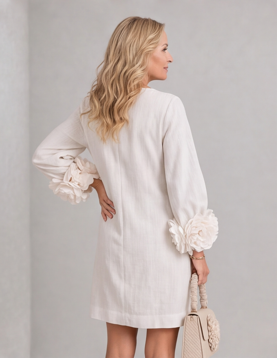 White Floral Button-down Mini Dress With Striking Floral Cuffs