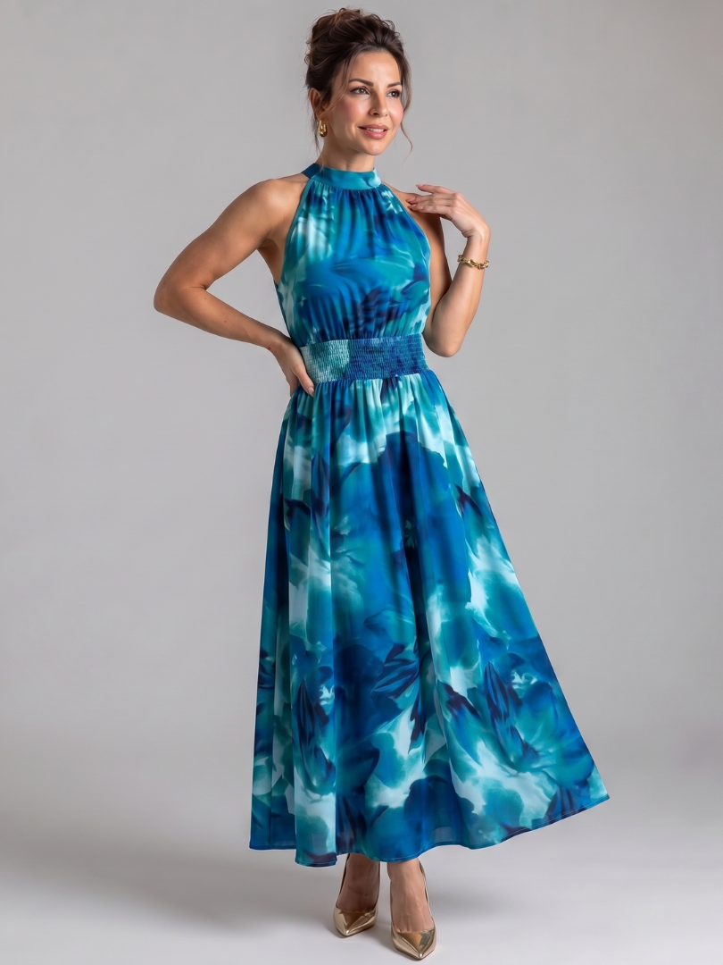 Olivia | Abstract Print Midi Dress with Gathered Waist