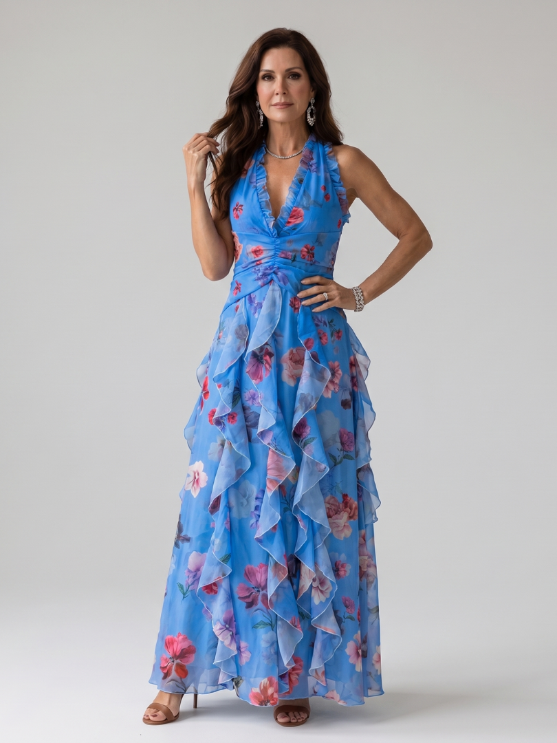 Nori | Floral Maxi Dress with Halter Neck and Ruched Bodice