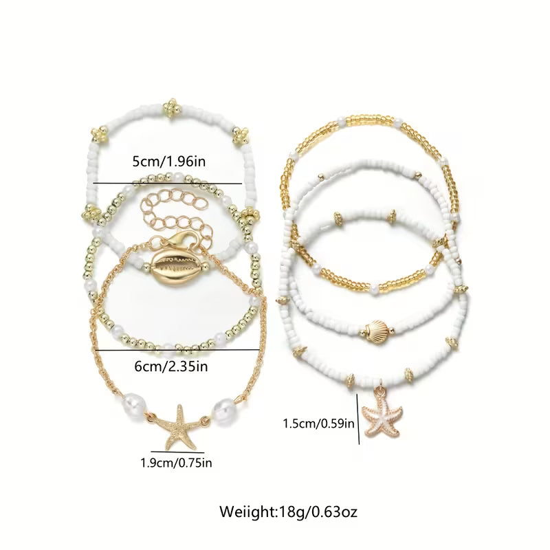 CORALIA | Set of 6 Coastal Gold & Pearl Bracelets