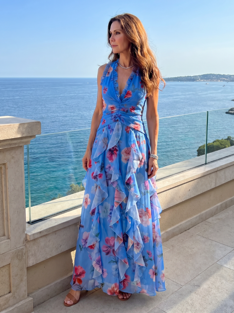 Nori | Floral Maxi Dress with Halter Neck and Ruched Bodice