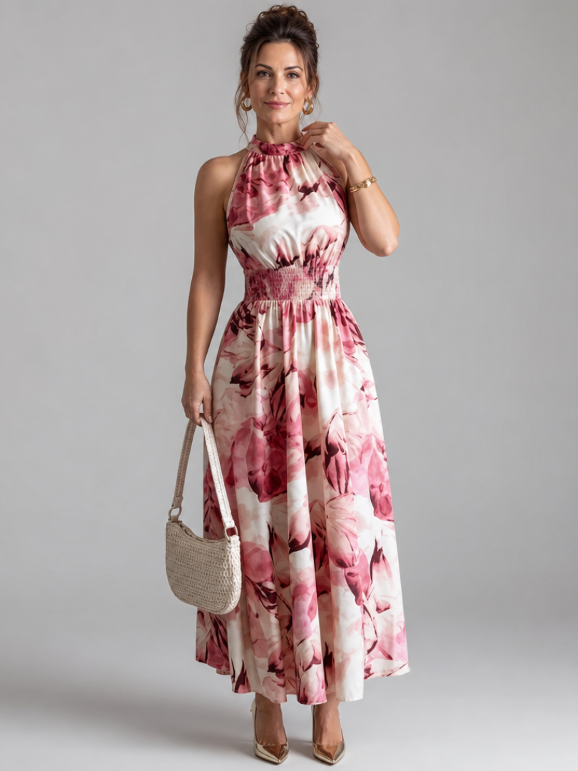 Olivia | Abstract Print Midi Dress with Gathered Waist