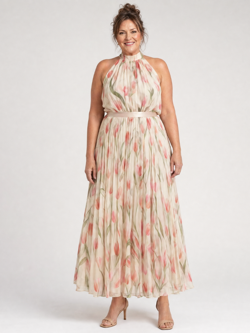 Aurelle | Floral Midi Dress with Halter Neck