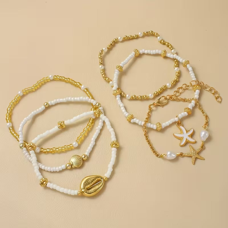 CORALIA | Set of 6 Coastal Gold & Pearl Bracelets