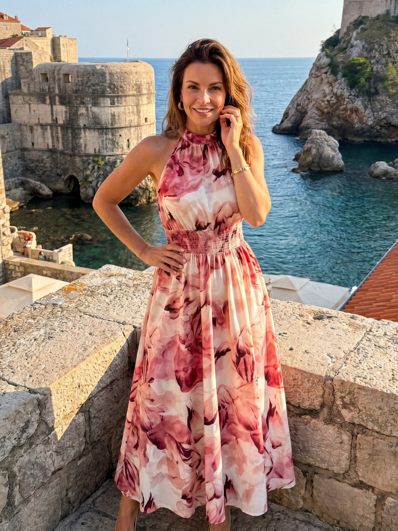 Olivia | Abstract Print Midi Dress with Gathered Waist