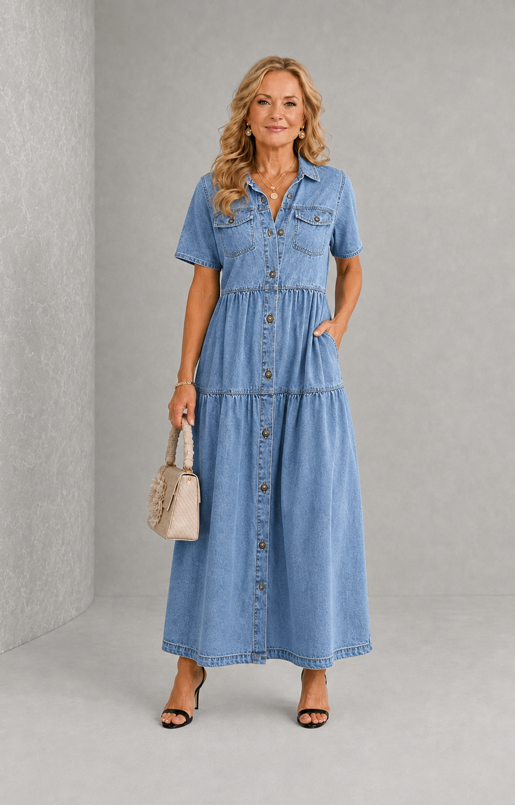 Grace™ | Belly-covering Denim Midi Dress with Buttons