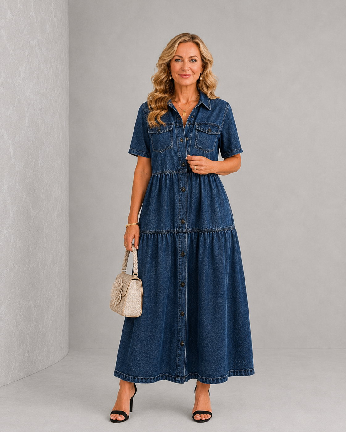 Grace™ | Belly-covering Denim Midi Dress with Buttons