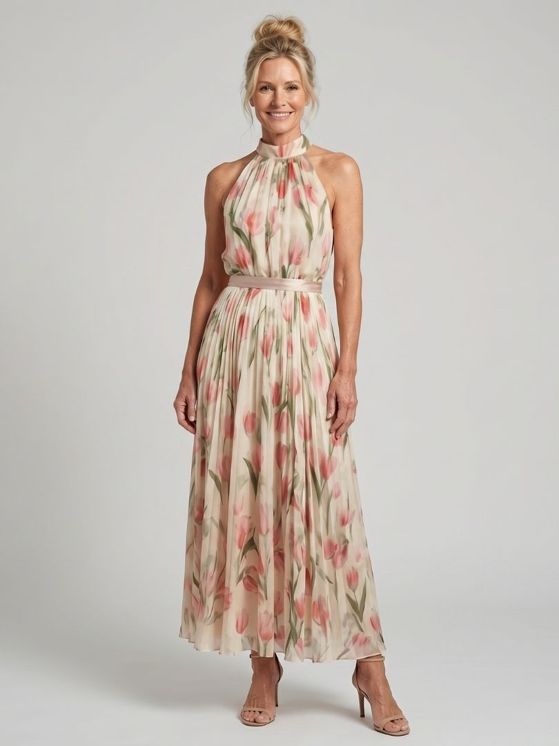 Aurelle | Floral Midi Dress with Halter Neck