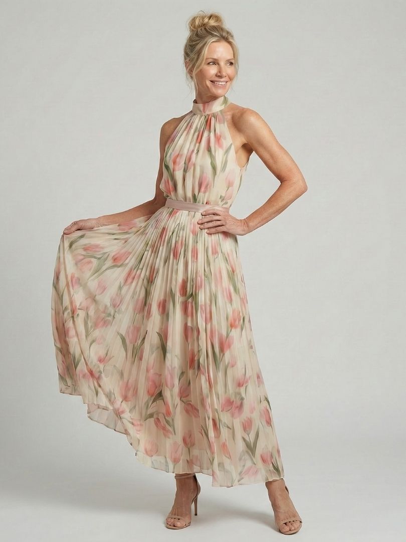 Aurelle | Floral Midi Dress with Halter Neck