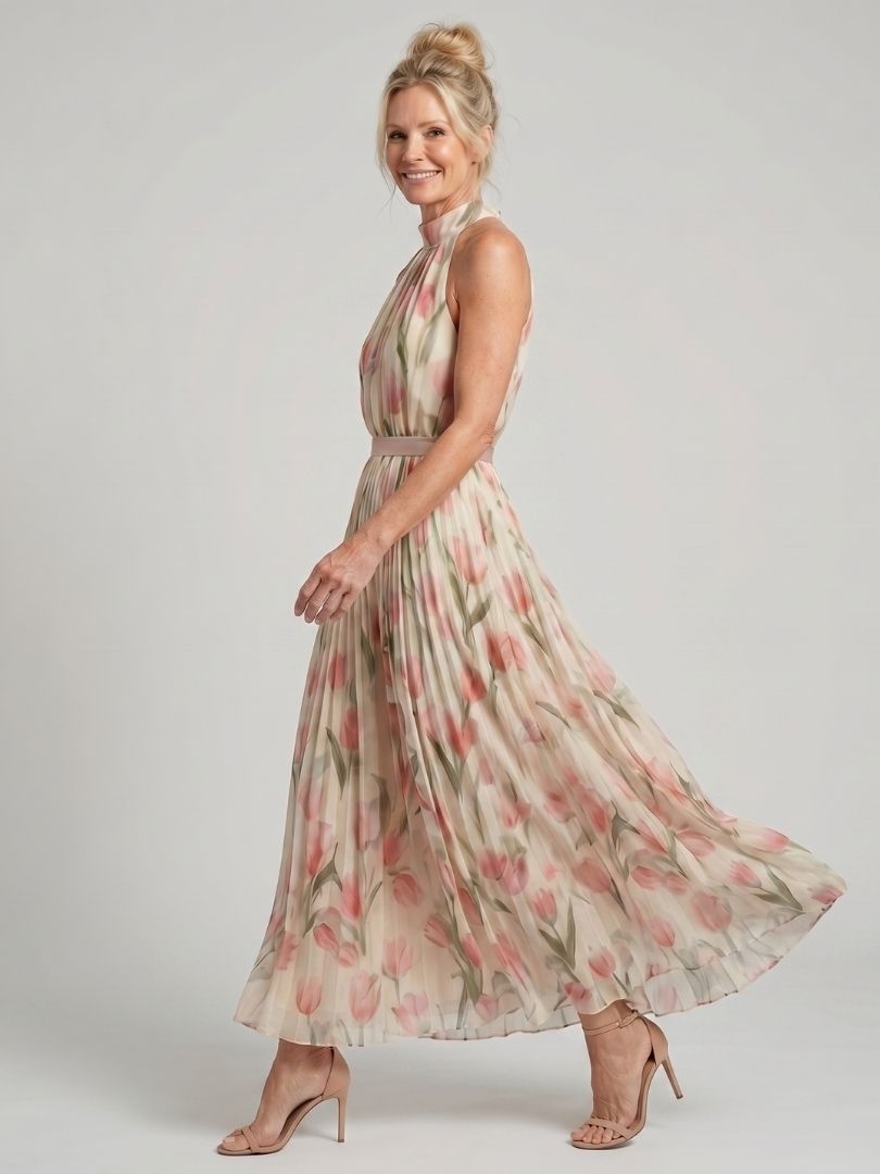 Aurelle | Floral Midi Dress with Halter Neck