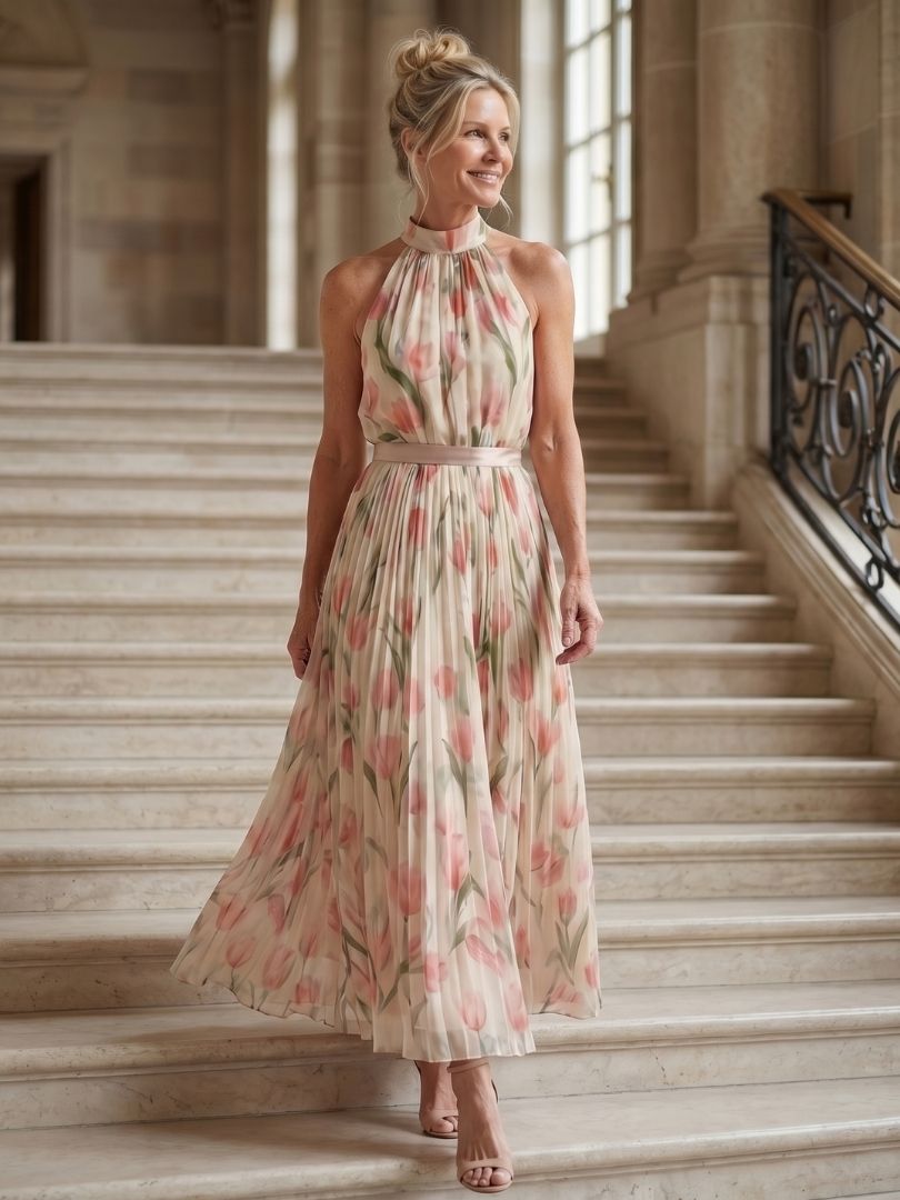 Aurelle | Floral Midi Dress with Halter Neck