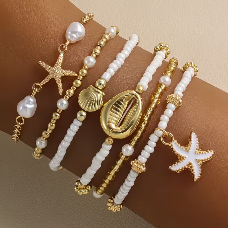CORALIA | Set of 6 Coastal Gold & Pearl Bracelets