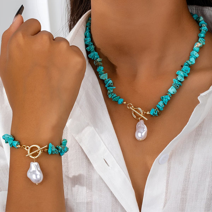 TURQUELLE | Turquoise and Pearl Necklace & Bracelet Set