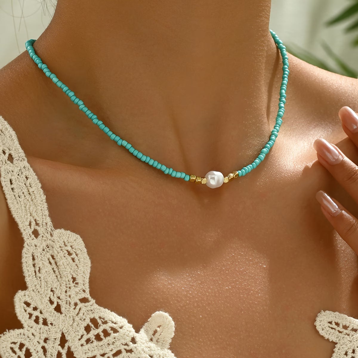 AZURINE | Sleek Turquoise and Pearl Necklace