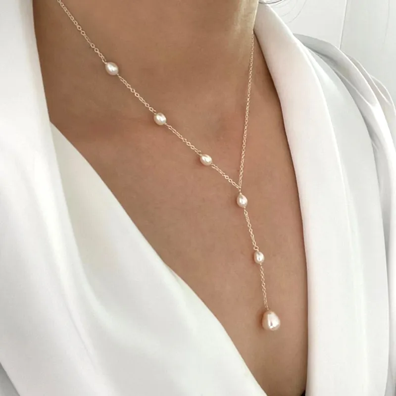 CALISTA | Lariat Necklace with Cascading Pearls